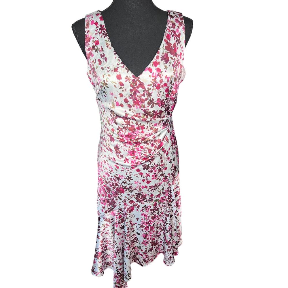 Taylor Floral Satin Midi Dress Women 4 pink Ruched Asymmetrical Handkerchief Hem - Picture 2 of 10